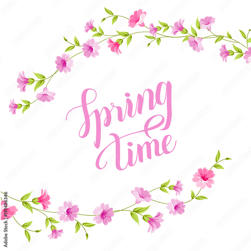 Blossom card. Spring time text over white background with wild flowers frame. Vector illustration.