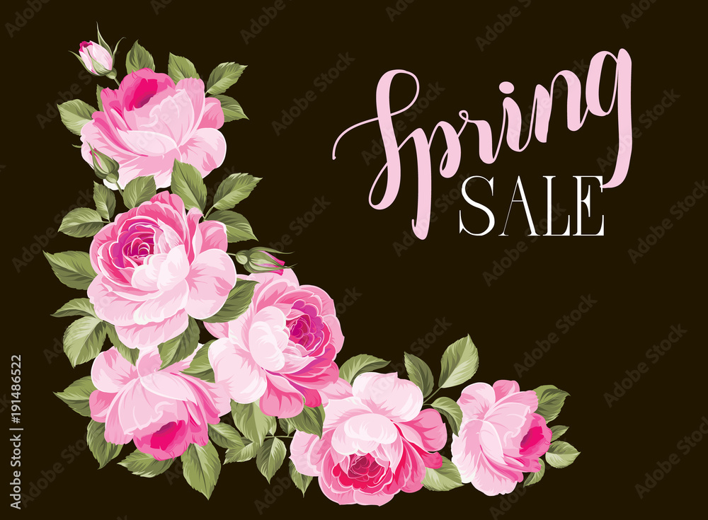 The spring sale card. Spring sale card with purple rose on brown backgroud. Spring background with blossom flowers. Label with spring flowers. Vector illustration.