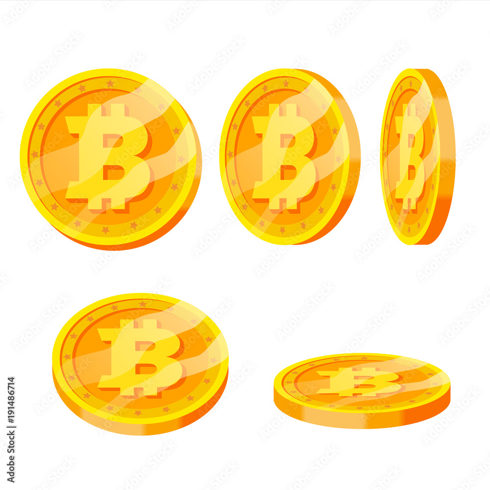 Bitcoin Gold Coins Vector Set. Flip Different Angles. Modern Virtual Money. Digital Currency. Isolated Flat illustration Bitcoin Gold Coins Vector Set. Flip Different Angles. Modern Virtual Money. Digital Currency. Isolated Flat illustration