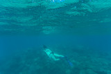Underwater photo of woman snorkeling and free diving in a clear tropical water at coral reef. Sea underwater.