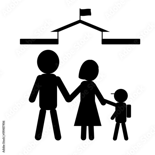 Simple icon of family in black colour; symbol of child going to school with parents. Isolated on white background. Flat design for use in website, logo, app, UI, art. Vector illustration, EPS 10.