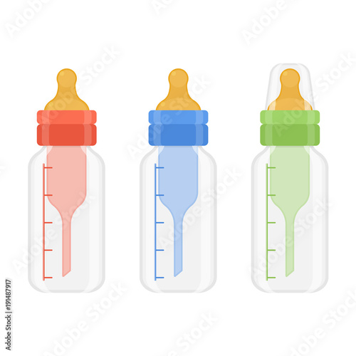 Vector illustration of feeding bottles, isolated on white background. Baby care equipment