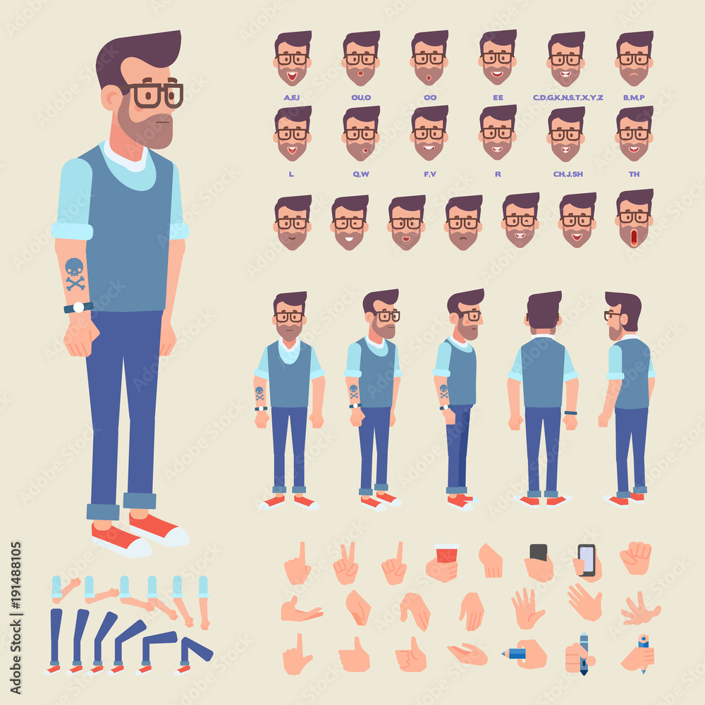 Naklejka Front, side, back view animated character. Hipster man creation set with various views, face emotions and gestures. Cartoon style, flat vector illustration.