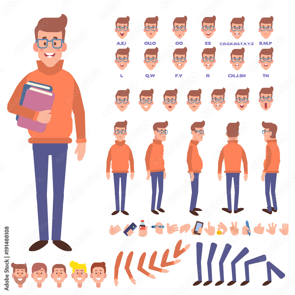Front, side, back view animated character. Geek character creation set with various views, face emotions and gestures. Cartoon style, flat vector illustration. Front, side, back view animated character. Geek character creation set with various views, face emotions and gestures. Cartoon style, flat vector illustration.