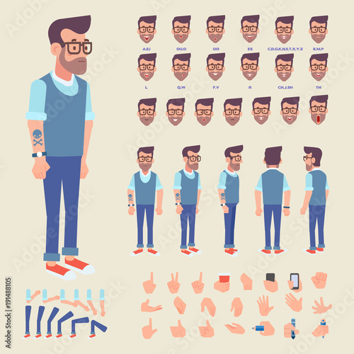 Front, side, back view animated character. Hipster man creation set with various views, face emotions and gestures. Cartoon style, flat vector illustration.
