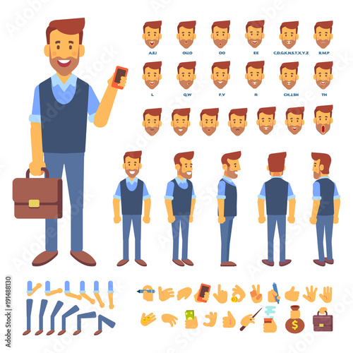  Front, side, back view animated character. Business man character creation set with various views, hairstyles, face emotions, poses and gestures. Cartoon style, flat vector illustration.