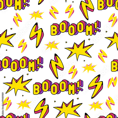 Seamless pattern with patch badges with words "Boom!" and lightning strikes. Bright modern trendy illustration. Quirky cartoon comic style of 80s - 90s. White background. 