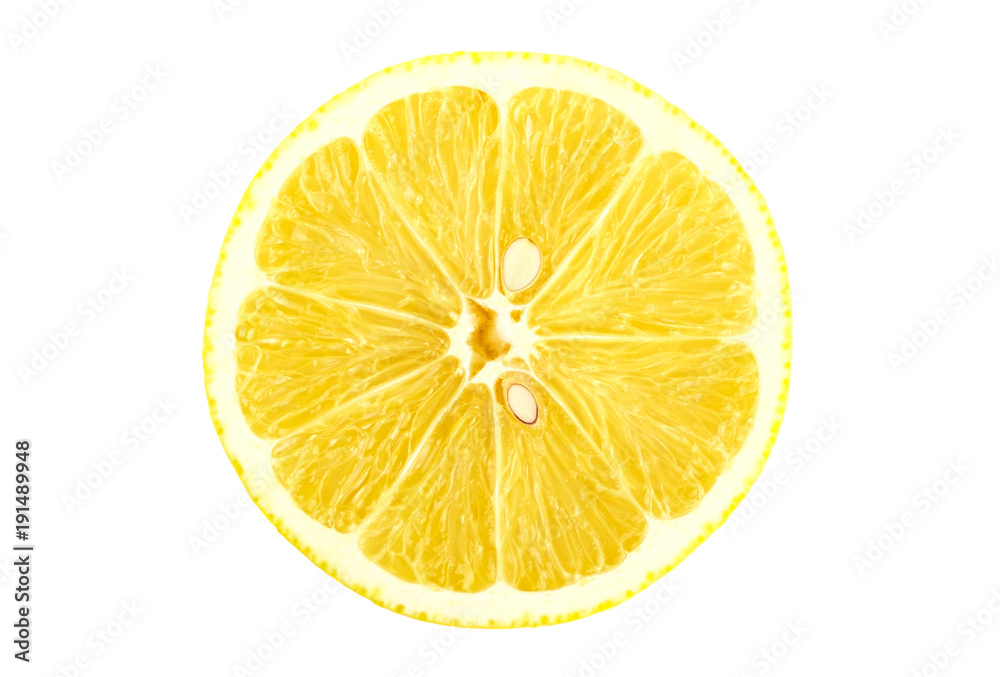 Textured ripe slice of lemon citrus fruit isolated Textured ripe slice of lemon citrus fruit isolated