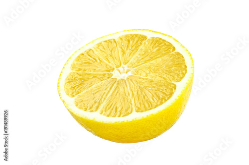 Textured ripe slice of lemon citrus fruit isolated