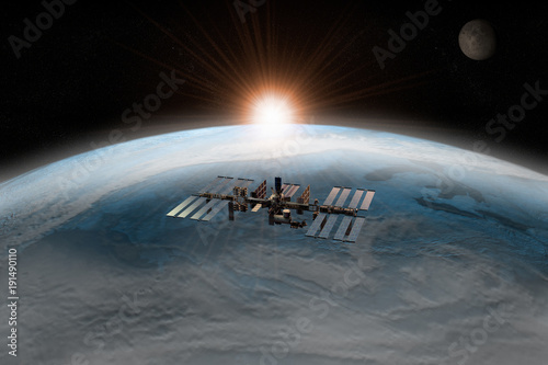 Fototapeta Naklejka Na Ścianę i Meble -  3D rendering of the International Space Station orbiting the Earth