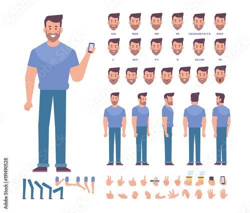 Young man vector character. Front, side, back view. Creation set with various views, face emotions, lip sync, poses and gestures. Cartoon style, flat vector illustration.