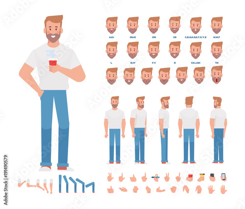  Front, side, back view animated character. Bearded man character creation set with various views, hairstyles, face emotions, poses and gestures. Cartoon style, flat vector illustration.