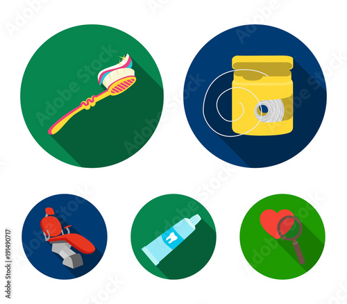 Dental floss, toothbrush, toothpaste, dental chair. Dental care set collection icons in flat style vector symbol stock illustration web.