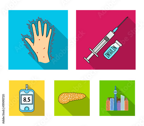 Syringe with insulin, pancreas, glucometer, hand diabetic. Diabet set collection icons in flat style vector symbol stock illustration web.