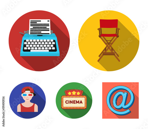 Chair of the director, typewriter, cinematographic signboard, film-man. Films and cinema set collection icons in flat style vector symbol stock illustration web.