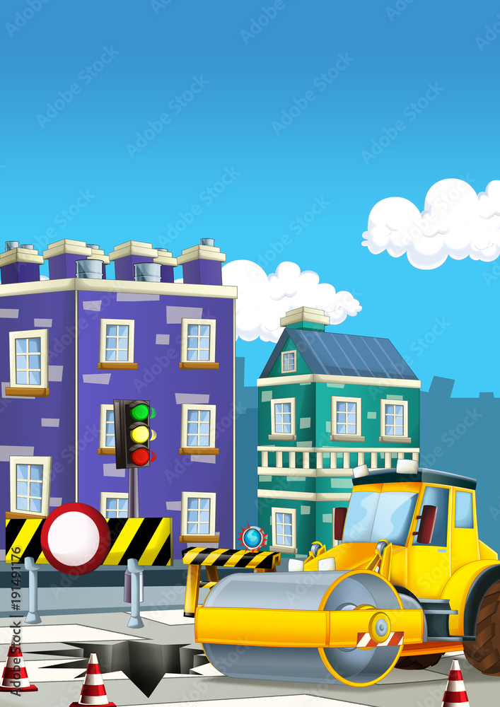 Cartoon road roller truck in the city - illustration for children