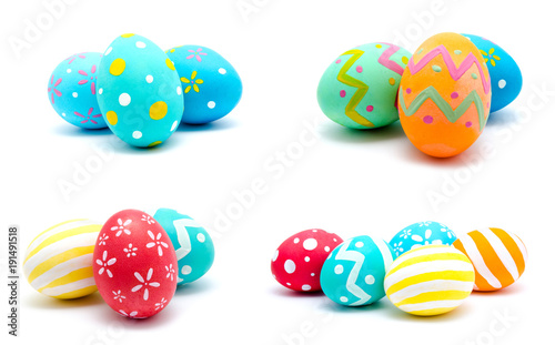 Collection of photos perfect colorful handmade easter eggs isolated