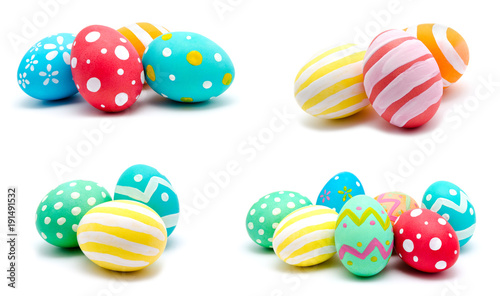 Collection of photos perfect colorful handmade easter eggs isolated