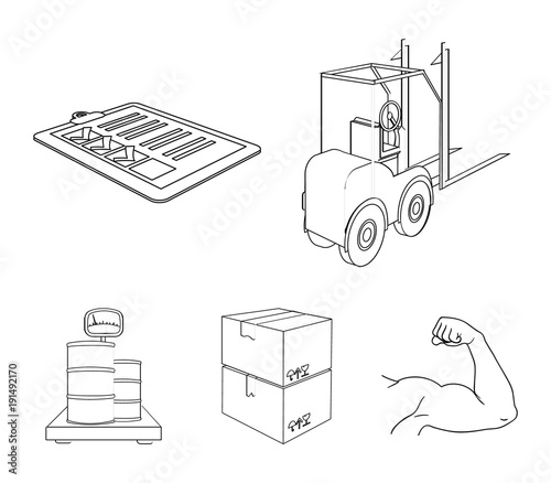 Forklift, delivery slips, packaged goods, cargo on weighing scales. Logistics and delivery set collection icons in outline style isometric vector symbol stock illustration web.