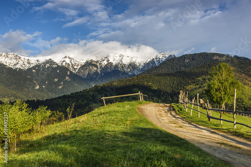 Spring alpine landscape with green fields and high snowy mountains,Bran,Transylvania