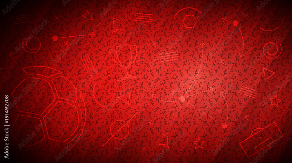 Red soccer background with different icons and football players pattern