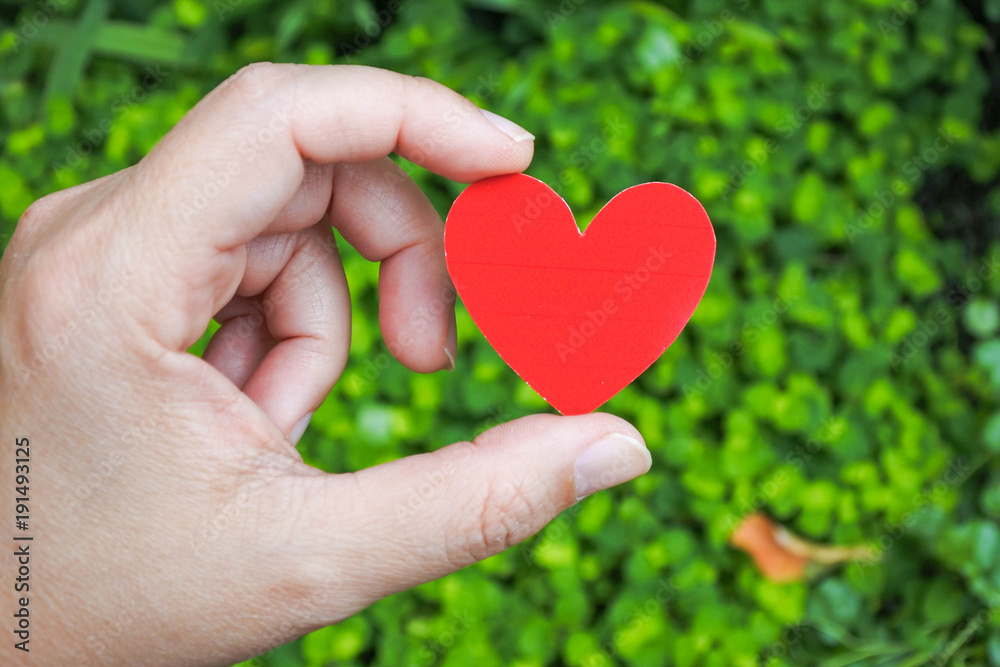 Hand with A Heart shaped paper on green leaf background. Love and romance in the upcoming Valentines Festival. Hand with A Heart shaped paper on green leaf background. Love and romance in the upcoming Valentines Festival.