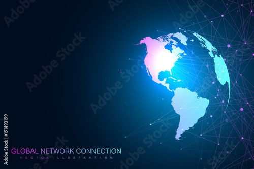 Global network with world map. Abstract vector infinite space background. Perspective backdrop. Digital data visualization. Vector illustration.
