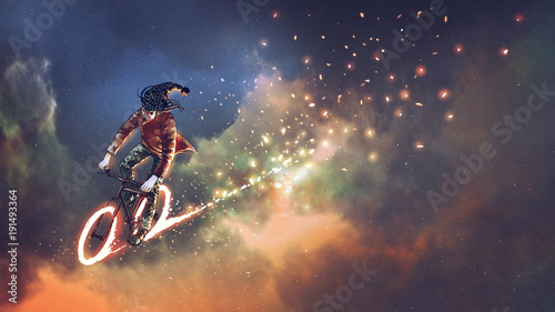 Fototapeta mężczyzna w fantazyjnych ubraniach, jazda rowerem ze świecącymi kołami w kosmosie, styl sztuki cyfrowej, malarstwo ilustracyjne