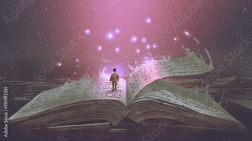 Boy standing on the opened giant book with fantasy light, digital art style, illustration painting photo