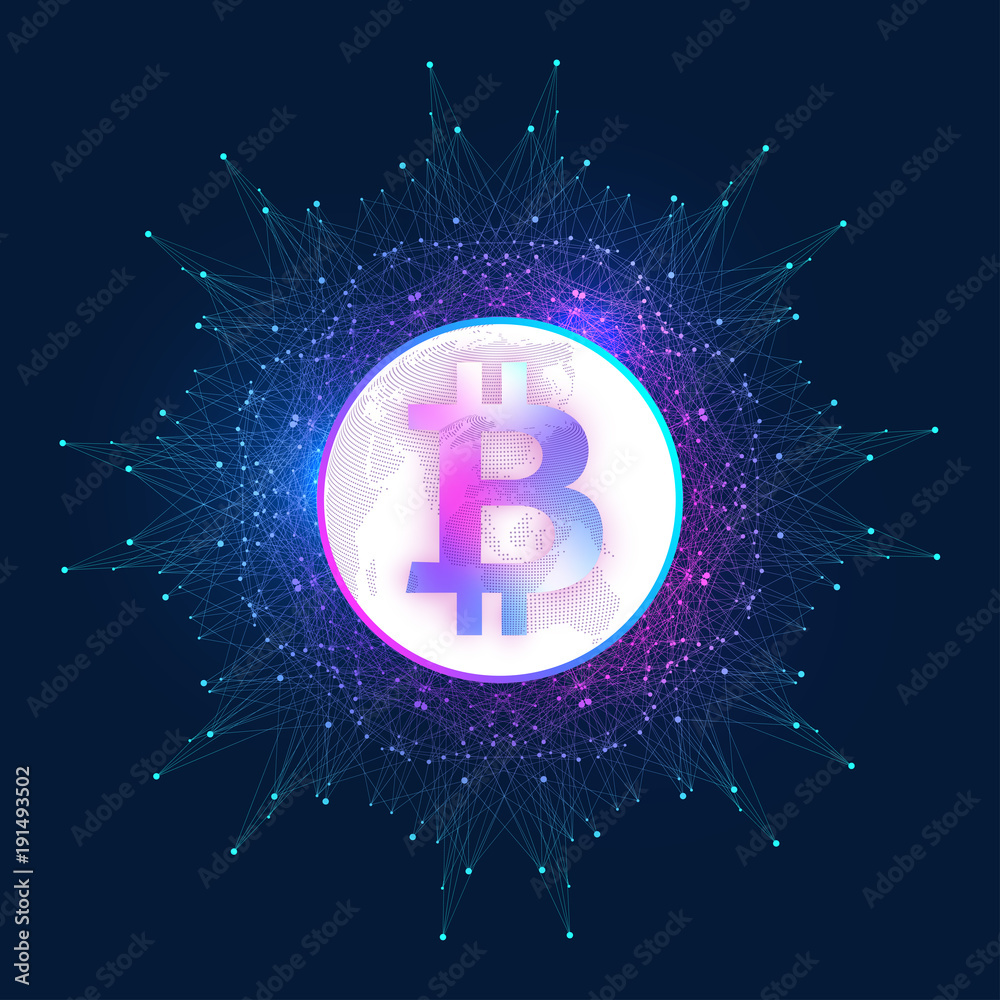 Bitcoin. Physical bit coin. Bitcoin digital currency coin damage world finance system. Cryptocurrency. Virtual money. World map point background. Vector illustration. Bitcoin. Physical bit coin. Bitcoin digital currency coin damage world finance system. Cryptocurrency. Virtual money. World map point background. Vector illustration.