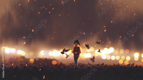 little girl with a mask feeding birds in evening time, digital art style, illustration painting photo
