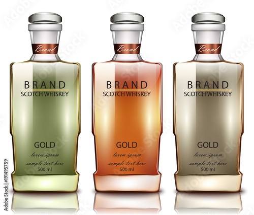 Scotch whiskey brand bottles Vector realistic. Product packaging mock up. 3d illustrations
