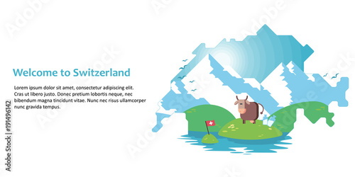 Double exposure, silhouette of a map of Switzerland with the Alps, meadow, cow and milk. On white background. Vector illustration for sites or product design