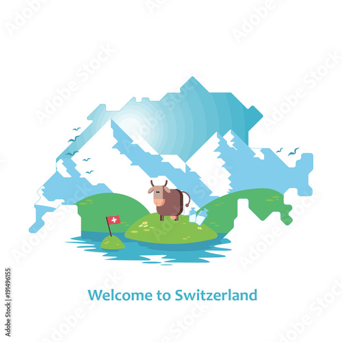 Double exposure, silhouette of a map of Switzerland with the Alps, meadow, cow and milk. On white background