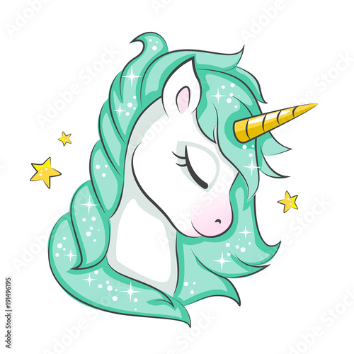 Cute magical unicorn. Vector design isolated on white background. Print for t-shirt or sticker. Romantic hand drawing illustration for children.