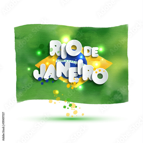 Bright vector illustration on colors flag of Brazil. Carnival,spring, text of paper style. Rio de Janeiro.