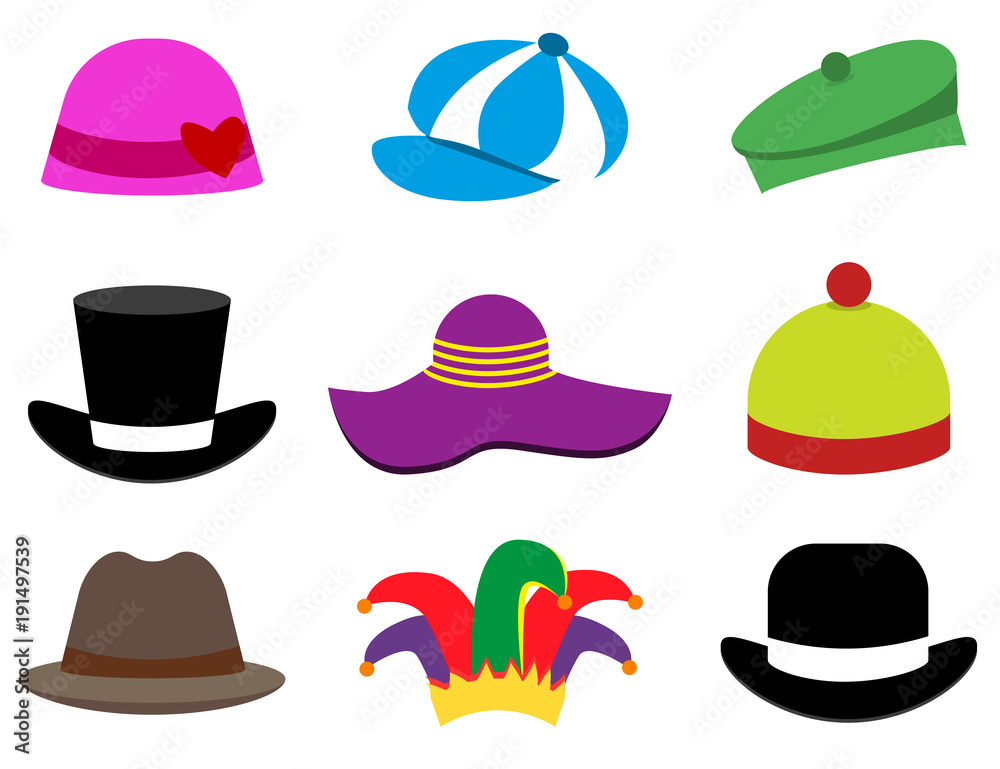 Hats. A cap. Hat. Set. Flat style. For your design. Icon. Isolated. Hats. A cap. Hat. Set. Flat style. For your design. Icon. Isolated.