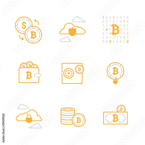 Bitcoin digital money saving icon set, cryptocurrency system and mining pool. Modern vector icons yellow and grey