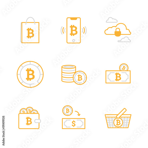 Bitcoin digital money saving icon set, cryptocurrency system and mining pool. Modern vector icons yellow and grey