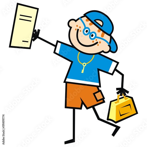 Boy with briefcase and school certificate, end of school year, goodbye school.Colored image. Funny vector illustration.
