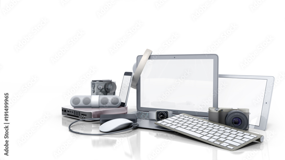 collection of consumer electronics 3D render on white background