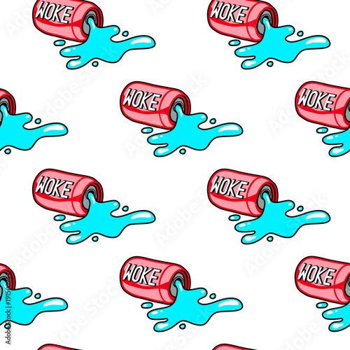 Soda drink can with words “Woke” seamless pattern. White background with canned beverages (carbonated drinks). 