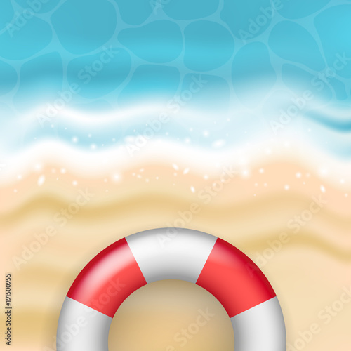 Bright vector summer sandy beach with sea waves and red and white life buoy - vacation, swimming, travel