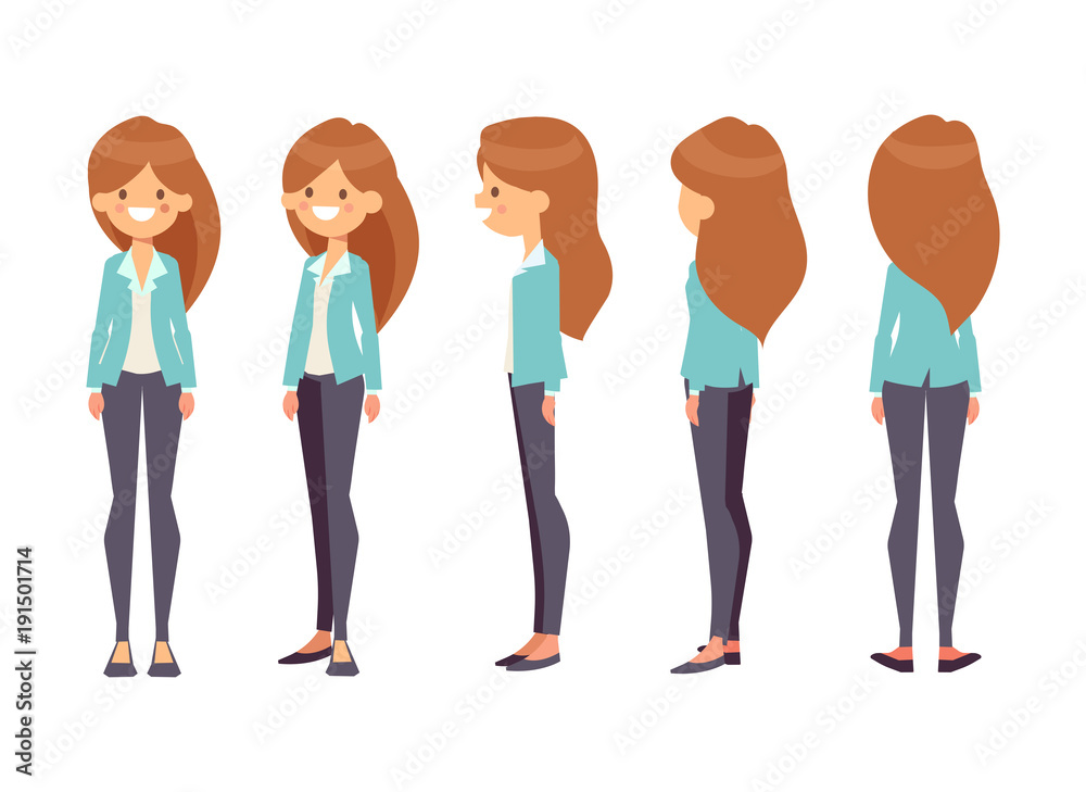 Young girl for animation. Front, side, back, 3/4 view character. Separate  parts of body. Cartoon style, flat vector illustration. Stock Vector |  Adobe Stock