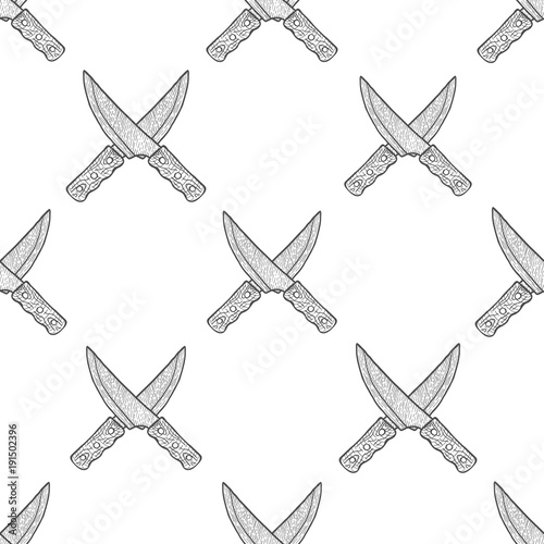 Hand Drawn Crossed Knives Seamless Pattern Background. Vector