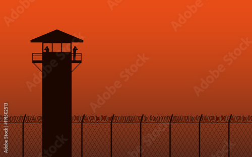 Canvas Print Silhouette watch tower and barbed wire fence in flat icon design on orange color
