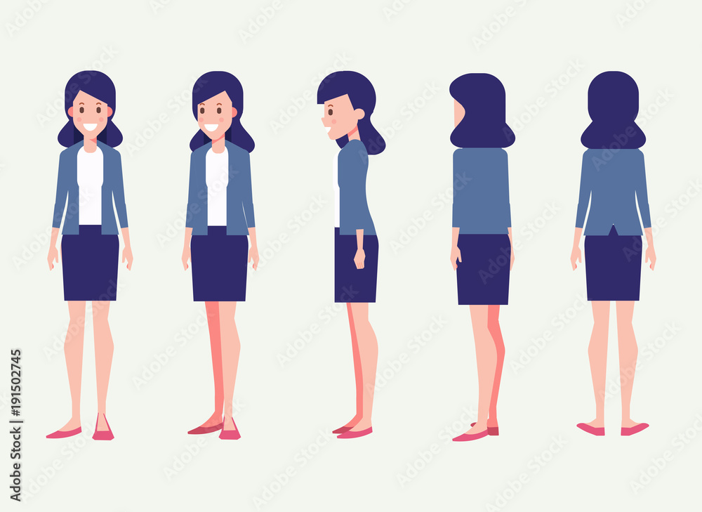 Young woman for animation. Front, side, back, 3/4 view character. Separate parts of body. Cartoon style, flat vector illustration.