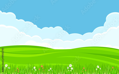 Green grass field in flat icon design with blue sky background