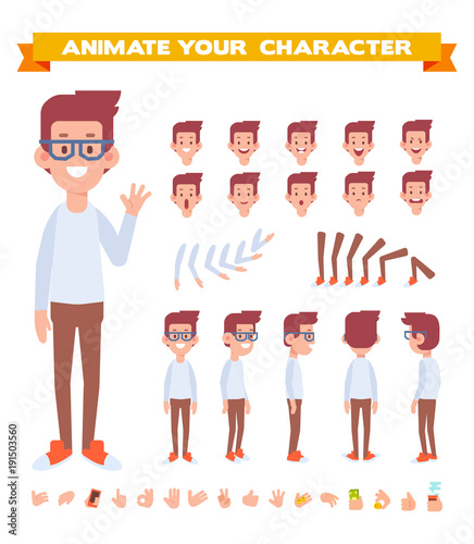 Young man vector character. Front, side, back view. Creation set with various views, face emotions, lip sync, poses and gestures. Cartoon style, flat vector illustration.
