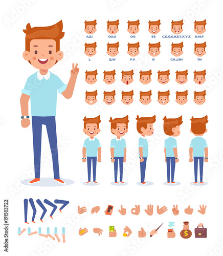 Young man vector character. Front, side, back view. Creation set with various views, face emotions, lip sync, poses and gestures. Cartoon style, flat vector illustration.